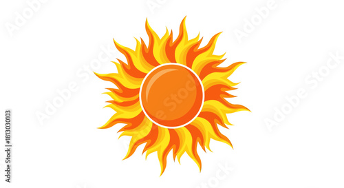 A bright, stylized sun vector illustration with a golden and orange color scheme, radiating warmth and positive energy on a clean white background.