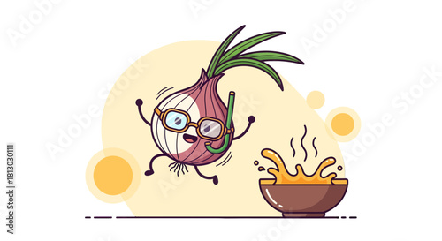 Onion Mascot Enjoys Swimming in Soup and a Bowl of Delicious Broth for a Bite