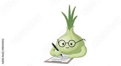 Onion Mascot in Glasses is Writing, a Playful and Animated Concept on Black Background