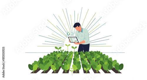 Modern Farmer Analyzing Crop Production Using Digital Tablet with Smart Green Agriculture