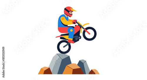 Motocross Rider Performing Stunt Jumping Over Rocky Terrain Against Black Background