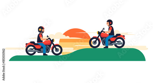 Motorcycle Journey at Sunset, Two Riders Enjoying Their Ride on the Road