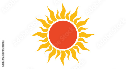 A vibrant, stylized vector illustration of a radiant sun, depicted with a bright orange center and yellow, flame-like rays against a clean white background, perfect for various design applications.