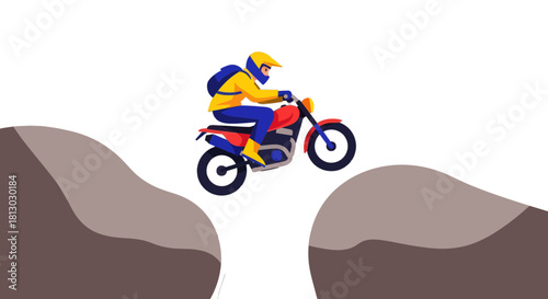 Motorcycle Rider Leaping Over Rocks Representing a New Adventure, Vector Illustration