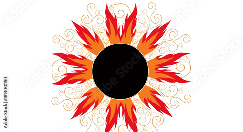 A vibrant vector illustration of a stylized sun with fiery rays emanating from a central black circle, set against a delicate swirling background pattern.