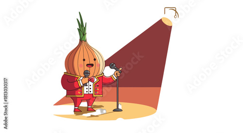 Onion Performing Comedy Stand Up Under A Spotlight In A Themed Cartoon Presentation