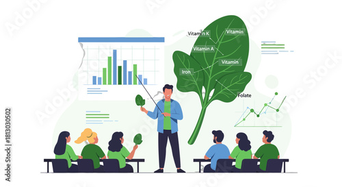 Nutrition Seminar Illustration: Education on Dietary Greens and Vitamin Benefits