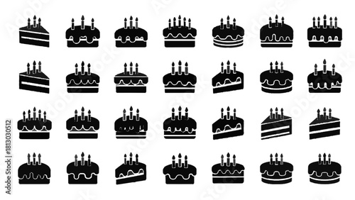 Vector illustration of collection of black silhouette icons representing various birthday cakes with lit candles, isolated on transparent background 