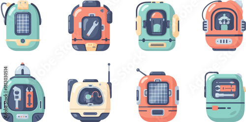Collection of Colorful Retro Robots in Flat Style for Technology and Innovation Projects