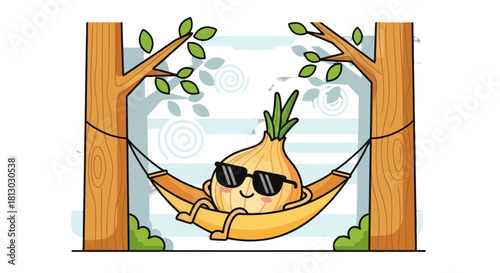 Onion Relaxing In Hammock: A Whimsical Cartoon Illustration Of Leisure and Joy