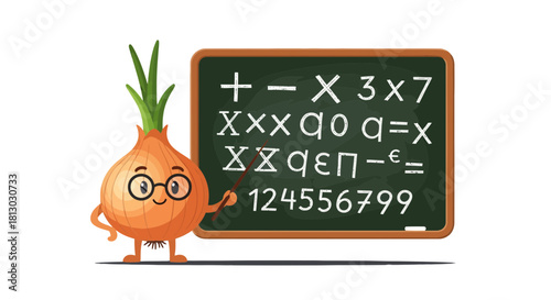 Onion Teacher Presenting Math Equations on Blackboard in Whimsical Educational Illustration