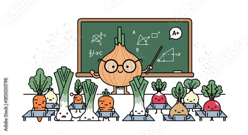 Onion Teacher Teaching Vegetables Lessons for a Fantastic Educational Illustration