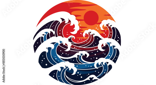 A stylized vector illustration featuring dynamic ocean waves in blue hues beneath a radiant, setting sun, evoking a sense of serenity and natural power.