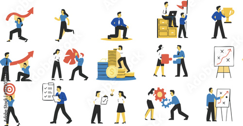 Business Icons of Collaboration and Achievement: A comprehensive collection of business-themed icons, depicting teamwork, progress.