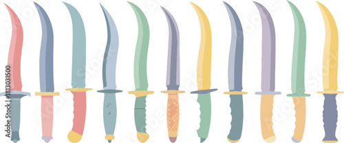 Colorful Array of Knives with Pastel Handles on White Background
