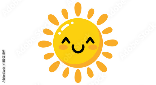 A cheerful and bright yellow sun with a happy smiling face, depicted in a charming cartoon vector illustration style on a white background.
