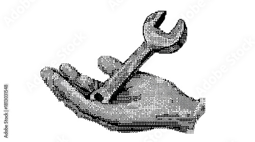 Illustration of a hand holding a wrench, symbolizing repair, service, maintenance, technical support, problem-solving, and professional assistance.