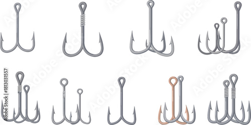 Collection of Metal Fishing Hooks in Various Sizes and Designs