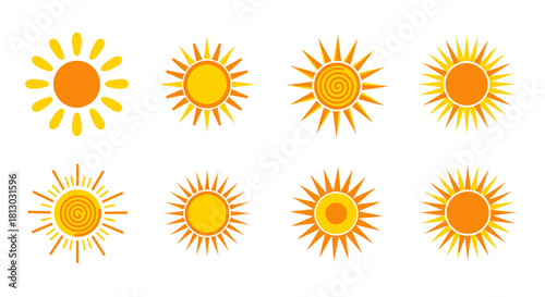 A vibrant collection of eight stylized sun icons, perfect for summer designs, weather forecasts, or bright graphic resource projects.