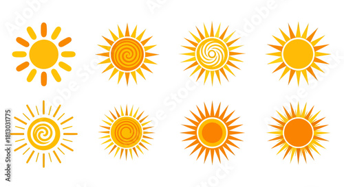 Set of vector sun illustrations, capturing the warmth and brightness of the sun with varied designs, perfect for adding a cheerful touch to any project.