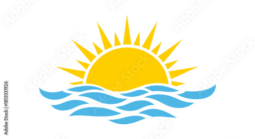 A vibrant vector illustration depicts a bright yellow sun rising above stylized blue ocean waves, perfect for various design projects and conveying a sense of warmth.