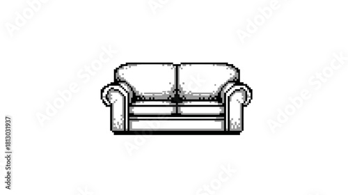 Monochrome two-seater sofa line art illustration on white background, simple cartoon sketch of a classic couch