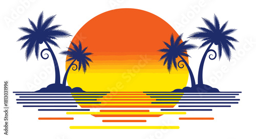 Vibrant vector illustration featuring a stylized sunset over the ocean with palm trees, perfect for summer-themed designs and tropical vacation promotions.