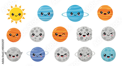 Adorable vector illustration featuring a collection of cute cartoon planets and a smiling sun, perfect for educational resources or children's designs, creating a cheerful and engaging atmosphere.