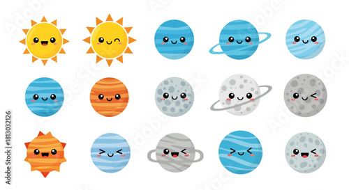 A delightful collection of cute kawaii-style celestial bodies, including smiling suns, planets, and moons, presented as isolated vector graphic elements.