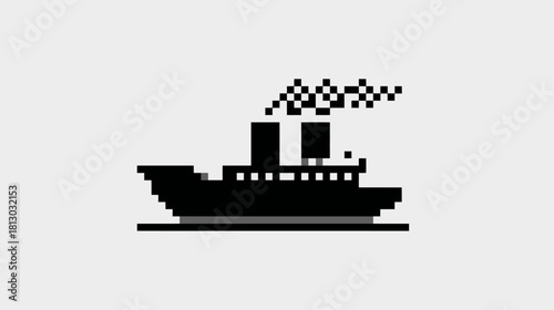 Retro Pixel Art Ship Icon with Smoke - Vintage 8-bit Steamboat Illustration for UI and Game Design