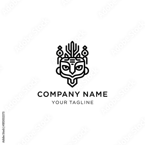 Minimalist line art logo of a stylized tribal owl mask with an ornate headdress for a company brand.