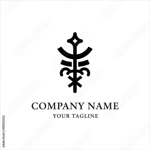 Elegant black abstract logo with a symmetrical, tribal-inspired design for company branding.