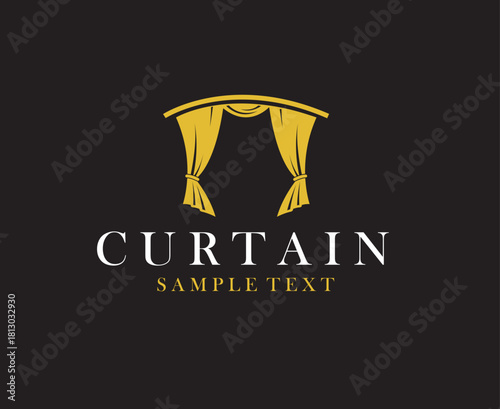 golden icon of theatrical scene with curtains isolated on black background