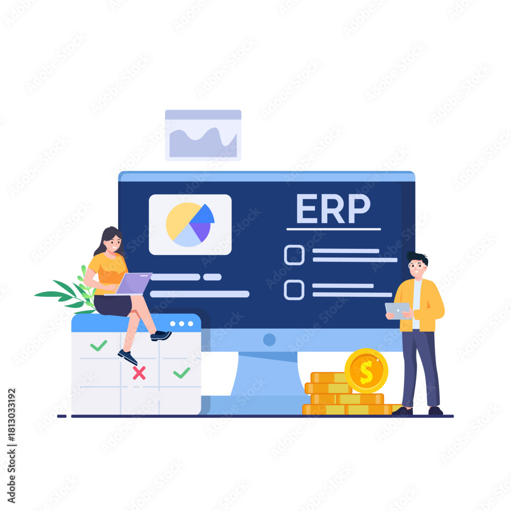 Obraz premium ERP enterprise resource planning concept, company productivity and improvement. flat vector illustration on a white background.