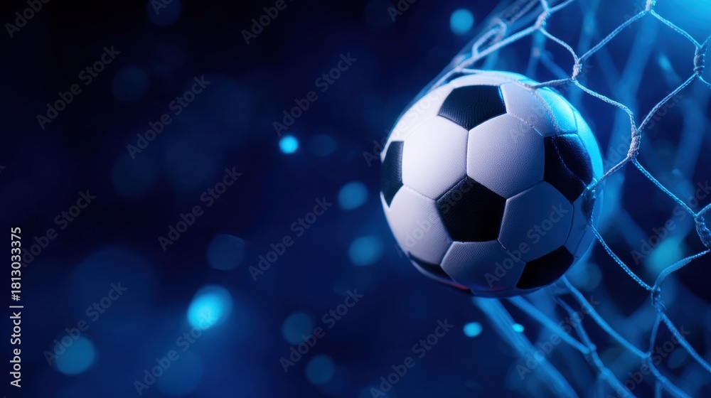 Obraz premium Dynamic Soccer Ball in Goal Net with Blue Light Bokeh