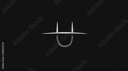 Futuristic minimalist metallic silver 3D object with two upward spikes and a U-shaped base on a dark background, modern design.