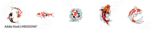 Classic Japanese Ornamental Koi Fish and Water Wave Art Vector Set