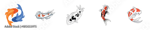 Dynamic Motion Pair Koi Fish Swimming in Water Flat Vector Art Set