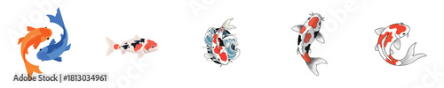 Traditional Tattoo Style Koi Fish with Water Waves Vector Illustration Set