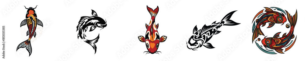 Naklejka premium Warm Tribal Color Koi Fish Top View Abstract Vector Set