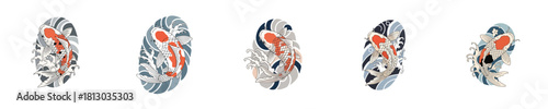 Intricate Japanese Design Koi Fish and Complex Wave Art Vector Set