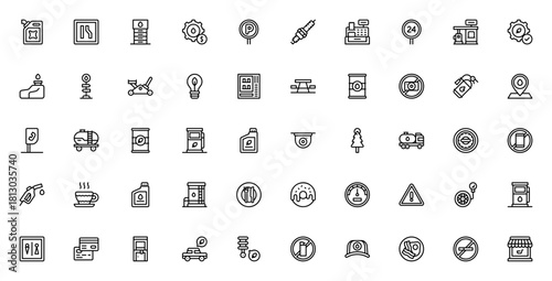 Gas station icon set. Vector illustration. Includes ymbols for fuel pump, jerrcan, signage, vending machne, atm, diesel, eco fuel,parking, warning sign and ore. Editable stroke.