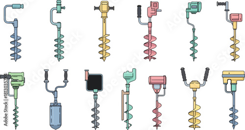 Collection of Colorful Handheld Drills in Various Styles and Sizes for Construction and DIY Projects