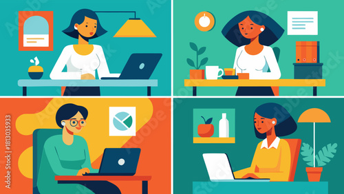 A poster showcasing diverse individuals engaged in various tasks at their desks in a collaborative workspace..eps