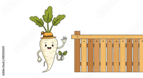 Parsnip Character With A Friendly Gesture Near A Wooden Fence On Black Background