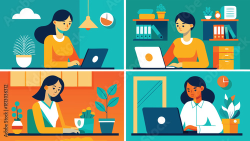 A poster displaying different types of people focused on their work at desks, emphasizing inclusivity in the workplace..eps