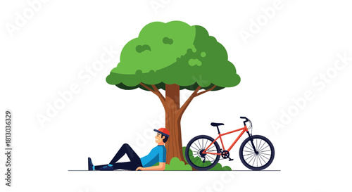 Resting Underneath Tree: Cyclist Taking Break With Bicycle, Dark Background.