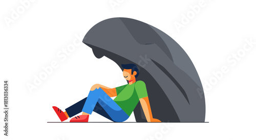 Resting Under The Stone: A Man Finding Solace in a Moment of Serenity