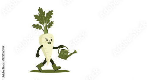 Parsnip Character With Watering Can In Motion On Black Background Illustration