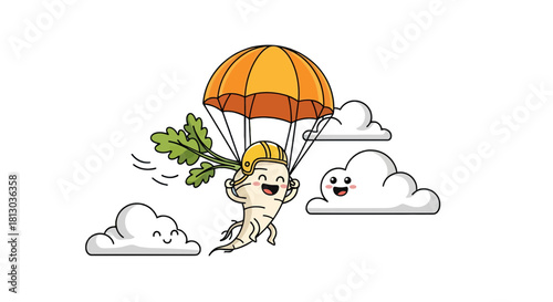 Parsnip With Parachute Flying Next to Smiling Clouds On Dark Background